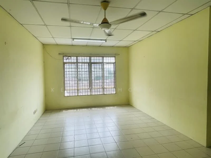 Room features: yellow painted walls, white tiled flooring, ceiling fan, large window with grid, natural light, plain ceiling, no visible furniture, empty room; view: city.