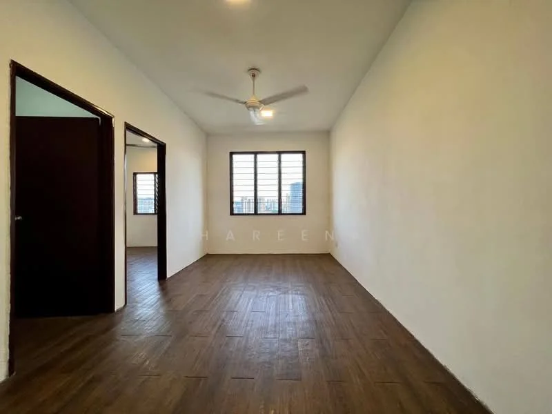 Room features: white painted walls, wooden flooring, ceiling fan, large window with grid pattern, doorway to adjacent room, doorway leading outside, natural light, neutral color scheme; style: minimalist; view: city.
