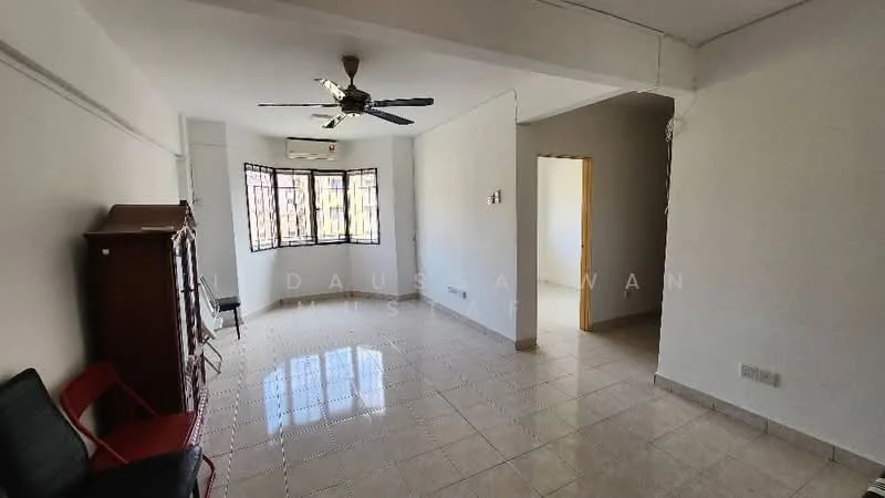 Living features: white painted walls, ceramic tile flooring, 5-blade ceiling fan, floor-to-ceiling windows, window treatments, air conditioning unit, wooden sideboard, two red chairs.
