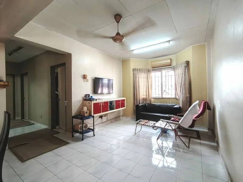 Living features: white painted walls, white tiled flooring, 5-blade ceiling fan with light, wall-mounted TV, red and white TV console, black leather sofa, white armchair, curtains, window with view, decorative coffee table; style: modern. Room features: white painted walls, white tiled flooring.