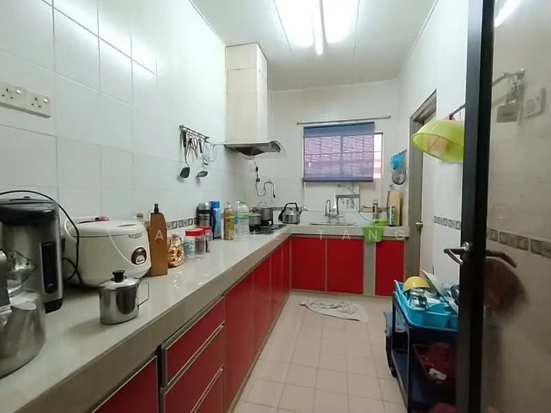 Kitchen features: red cabinetry, stainless-steel countertop, ceramic tile flooring, white tiled walls, built-in oven, stainless-steel range hood, rice cooker, kettle, microwave, dishwasher, sink, wall-mounted shelf, window with roller blinds, plastic storage cart, various kitchen utensils; style: modern.