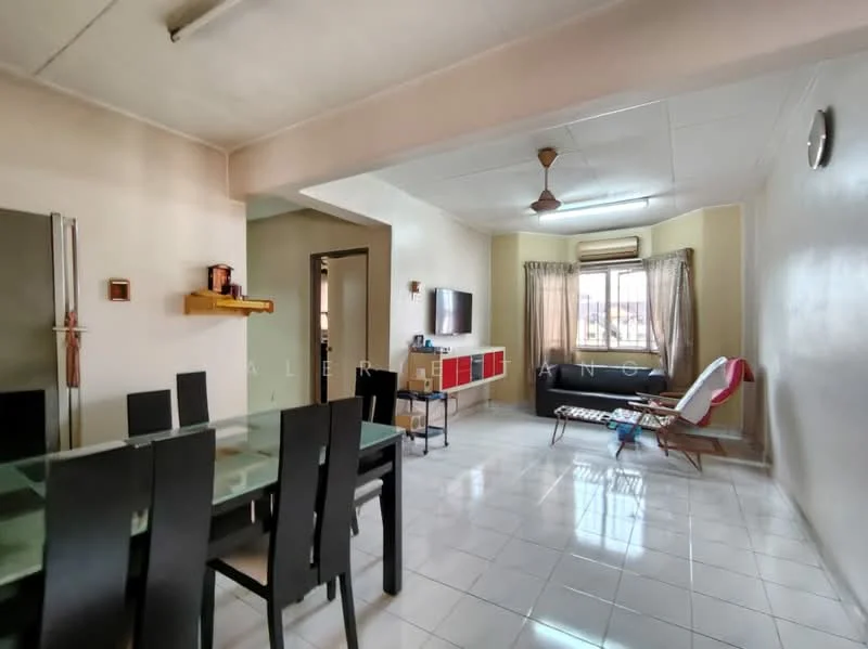 Dining features: glass dining table, black dining chairs, white walls, tile flooring, recessed ceiling lights; style: modern. Living features: sofa chair, TV console, wall-mounted TV, floor-to-ceiling window, curtains, ceiling fan, wall clock, tile flooring; style: modern.