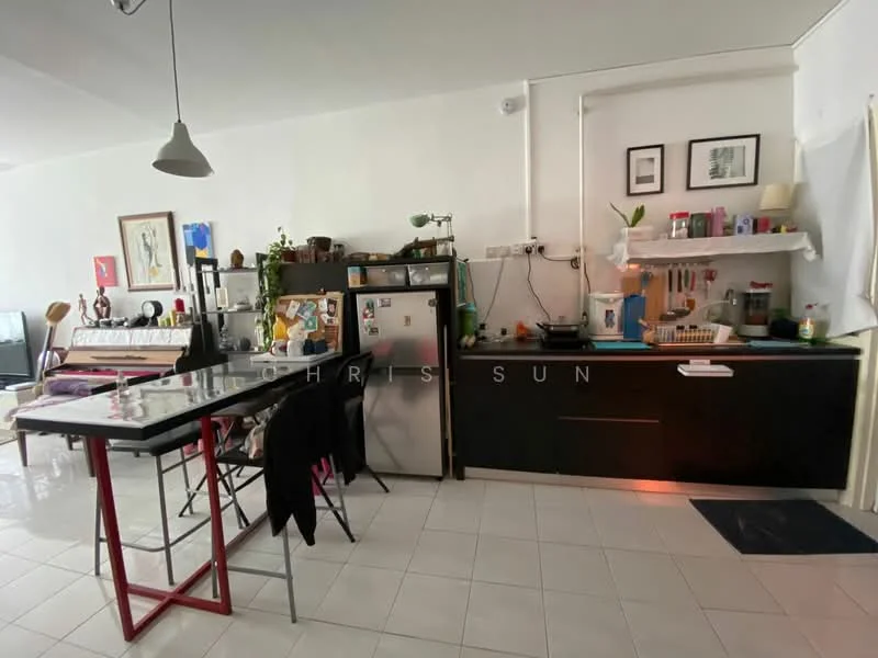 Kitchen features: black cabinetry, stainless-steel fridge, white countertop, kitchen sink, chrome faucet, open shelving, wall-mounted shelves, tile backsplash, pendant light, white walls, glossy tile flooring, dining table with metal legs, black dining chairs; style: modern.