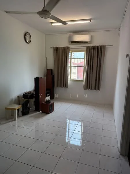 Living features: white painted walls, glossy ceramic tile flooring, ceiling fan, wall-mounted air conditioning unit, floor-to-ceiling window, curtains, clock on wall, small side table, audio equipment, speakers.