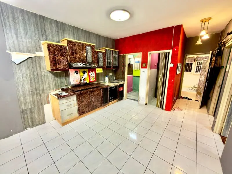 Kitchen features: brown marble countertop, wood cabinetry with glass doors, stainless-steel sink, built-in stove, white tiled flooring, recessed ceiling light, grey accent wall, red painted wall, open layout to adjacent rooms; style: modern. Room features: white tiled flooring, painted walls in various colors, doorway leading to other rooms.
