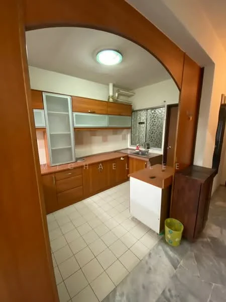 Kitchen features: wood cabinetry, white tiled backsplash, single-bowl stainless-steel sink, chrome pull-down faucet, built-in oven, freestanding range oven, ceramic tile flooring, recessed ceiling light, countertop with storage, window with frosted glass, kitchen island, open shelving; style: modern.