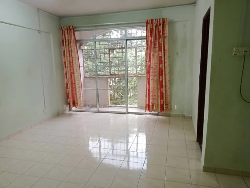 Living features: white painted walls, ceramic tile flooring, large sliding glass door, floor-to-ceiling windows, curtains with floral pattern, natural light from windows, view of greenery outside; view: garden.