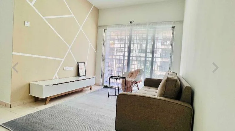 Living features: beige painted walls, white accent wall with geometric pattern, light grey area rug, 3-seater fabric sofa in beige, wooden coffee table, floor-to-ceiling windows with sheer curtains, wall-mounted TV console, decorative wall art, natural light from windows; style: modern.