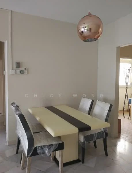 Dining features: rectangular dining table with cream and dark brown finish, 4 upholstered dining chairs with black and silver fabric, pendant light with copper finish, white painted walls, marble tile flooring, window with natural light, wall-mounted intercom panel; style: modern.