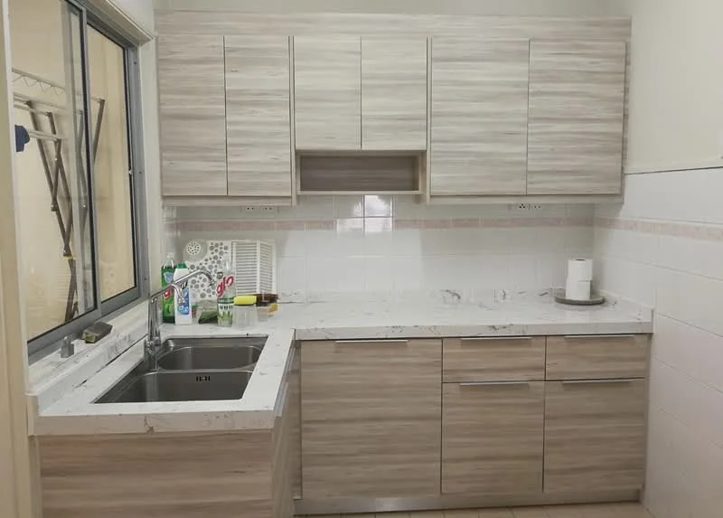 Kitchen features: double-bowl stainless-steel sink, chrome pull-down faucet, laminate countertop with marble pattern, wood cabinetry with light wood finish, white tiled backsplash, white tiled walls, ceramic tile flooring, window with view to exterior; style: modern.