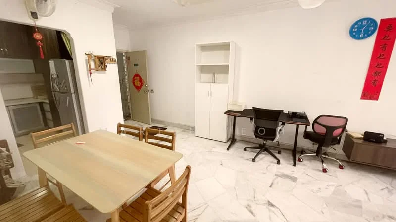 Dining features: wooden dining table, 4 wooden chairs, marble flooring, white painted walls, wall-mounted clock, decorative wall hanging, built-in cabinet, study desk with chair; style: modern. Kitchen features: stainless-steel fridge, open kitchen layout, kitchen cabinets, countertop, kitchen sink; style: modern.