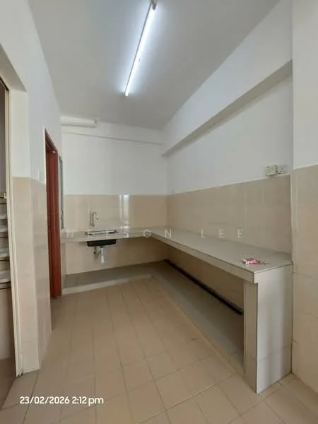 Laundry features: single-bowl stainless-steel sink, wall-mounted faucet, long countertop, cream tiled walls, light beige tiled flooring, fluorescent ceiling lights, open layout, no visible appliances; style: minimalist.