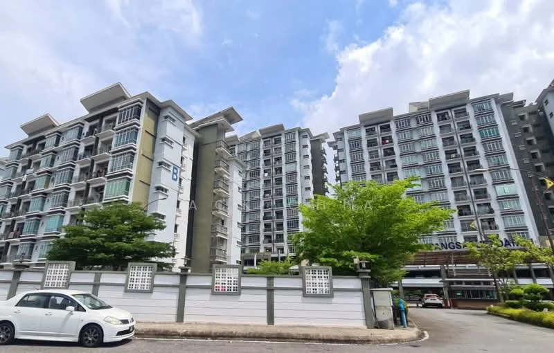 Exterior type: mid-rise condominium; features: glass curtain wall, white painted facade, balconies with glass railings, landscaped greenery, manicured lawn, parking area visible, multiple storeys, surrounded by trees; style: modern.