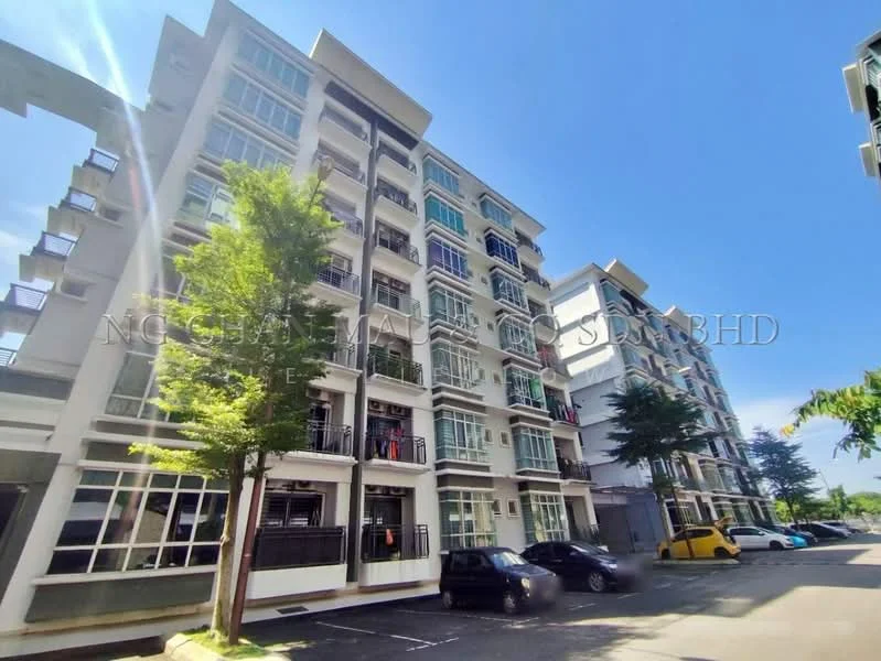Exterior type: mid-rise condominium; features: glass curtain wall, white painted facade, recessed balconies, multiple storeys, landscaped area with trees, parking lot with visible cars; style: modern.