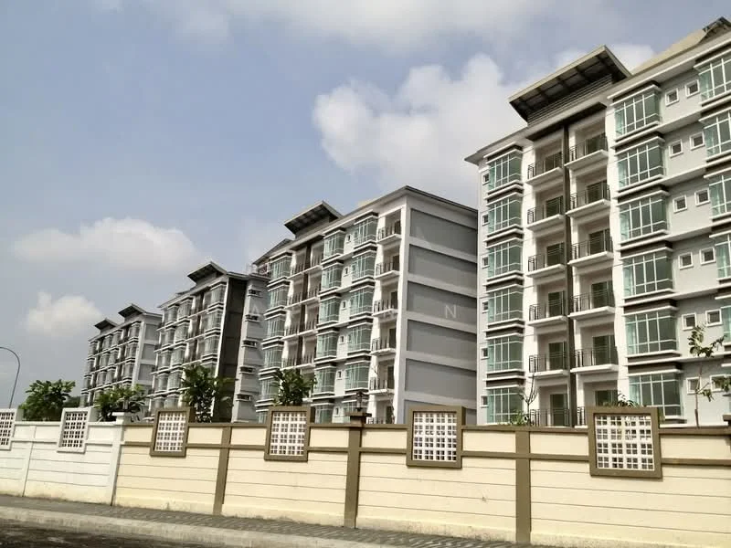 Exterior type: mid-rise condominium; features: grey painted facade, glass curtain wall, recessed balconies, flat roof, approximately 5-storey high-rise, manicured landscaping, surrounded by mature greenery, perimeter fence, driveway with interlocking pavers; style: modern.
