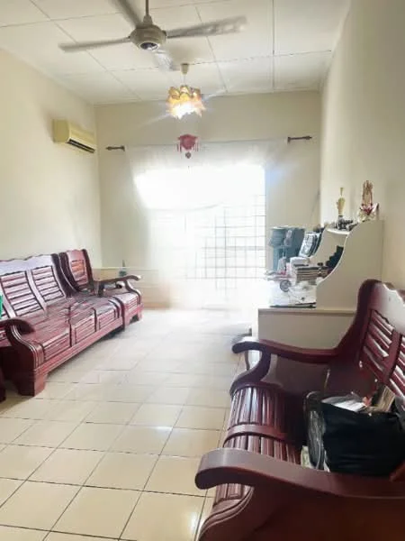 Living features: tiled flooring, cream painted walls, 5-blade ceiling fan, wall-mounted air conditioning unit, large window with sheer curtains, wooden sofa set, wooden coffee table, decorative wall shelf, decorative items on shelf; style: traditional.