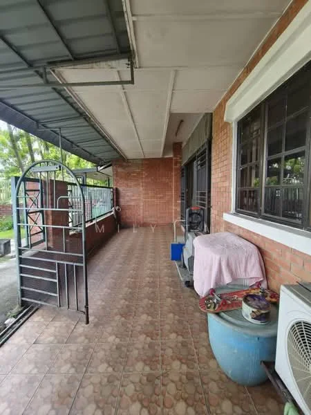 Room features: brick walls, tiled flooring, metal roof, sliding glass door, window with black grille, air conditioning unit, outdoor seating area, covered patio, open space, storage area; style: traditional; view: garden.