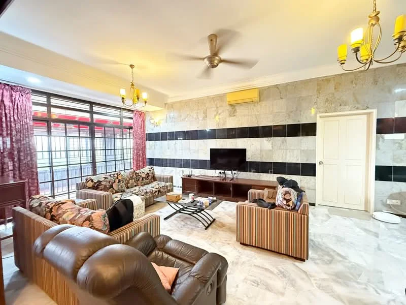 Living features: 3-seater fabric sofa in floral pattern, 2-seater leather sofa in brown, coffee table, wall-mounted TV, TV console, marble flooring, ceiling fan, chandelier with multiple bulbs, black accent wall, large windows with sheer curtains, decorative wall panels, light-colored walls, area rug with geometric pattern; style: contemporary.