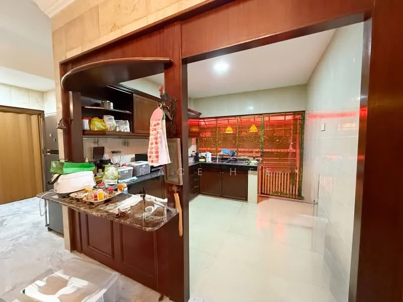Kitchen features: dark wood cabinetry, granite countertop, stainless-steel sink, chrome faucet, built-in oven, freestanding range oven, ceramic tile flooring, recessed lighting, window with decorative grill, open shelving, kitchen island, appliances visible on countertop; style: modern.