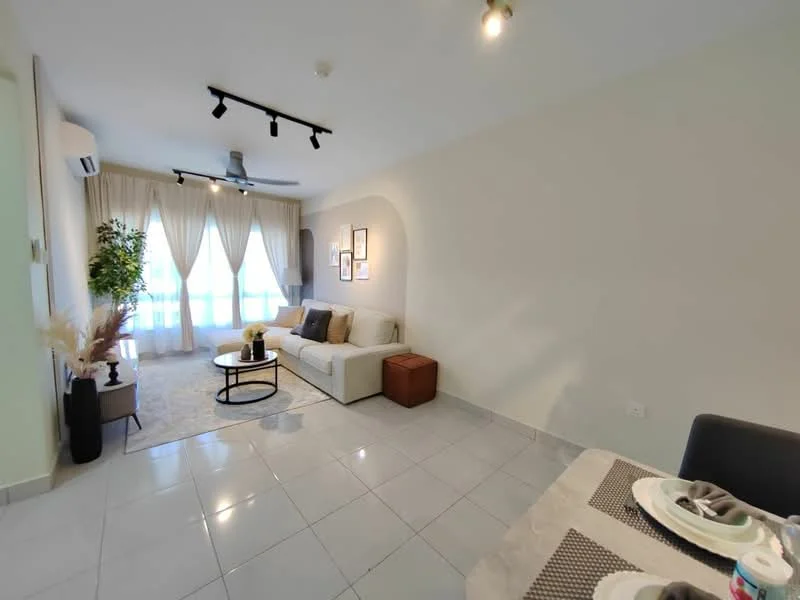 Living features: 3-seater fabric sofa in light beige, round coffee table with black metal frame, decorative plant in ceramic pot, area rug with neutral tones, floor-to-ceiling windows with sheer curtains, recessed downlights, ceiling fan, wall-mounted air conditioning unit, light-colored painted walls, tile flooring; style: modern; view: city. Dining features: 4-seater dining table, grey upholstered dining chairs, table setting with plates and cutlery, light-colored painted walls, tile flooring; style: modern.