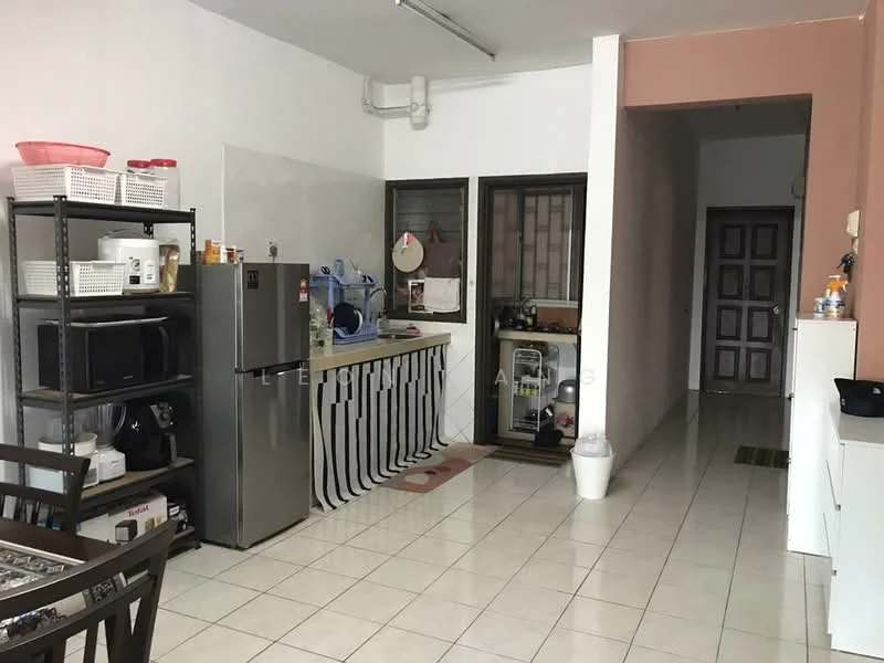 Kitchen features: white tiled flooring, grey painted walls, stainless-steel fridge, microwave, black countertop, white cabinets, sink, dish rack, kitchen shelving unit, dining table with chairs, window with grid, doorway leading to hallway; style: modern. Room features: white walls, doorway leading to other rooms.