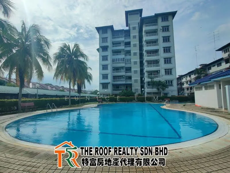 Exterior type: mid-rise condominium; features: swimming pool, pool deck, palm trees, manicured lawn, surrounding residential buildings, blue water, white tiled pool edge; style: modern.