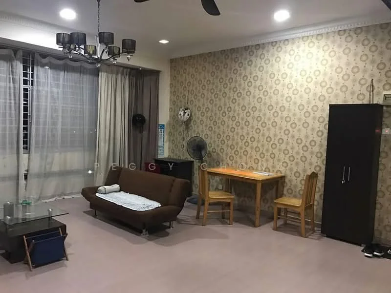 Living features: brown fabric sofa, glass coffee table, wooden dining table, two wooden chairs, black cabinet, ceiling fan, chandelier, wall with patterned wallpaper, white curtains, grey flooring; style: modern.