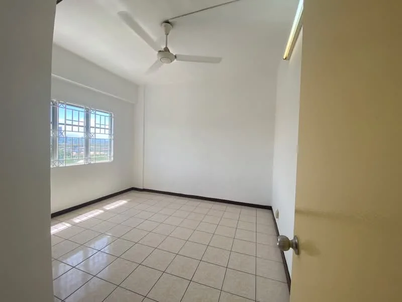 Room features: white painted walls, ceiling fan, tile flooring, large windows, natural light, corner room, neutral decor, no visible furniture; style: minimalist; view: city.