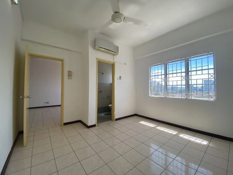 Bedroom features: white painted walls, ceramic tile flooring, 5-blade ceiling fan, 1 wall-mounted split AC, floor-to-ceiling windows, window with security grille, door leading to bathroom, door leading to hallway; view: city.