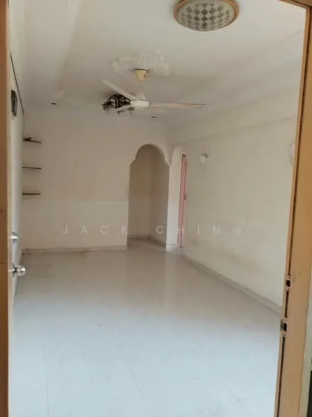 Room features: white painted walls, white tiled flooring, ceiling fan, decorative ceiling rose, wall sconces, open shelving, arched doorway.
