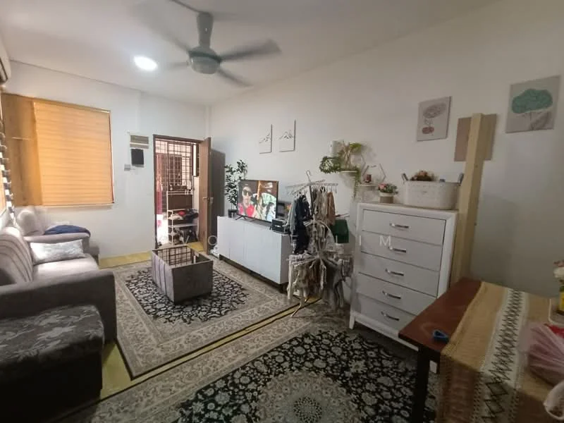 Living features: 3-seater fabric sofa in grey, coffee table, TV console, wall-mounted TV, area rug with geometric pattern, ceiling fan, wooden flooring, decorative wall art, window with blinds, built-in storage cabinet, houseplants in ceramic pots; style: modern.