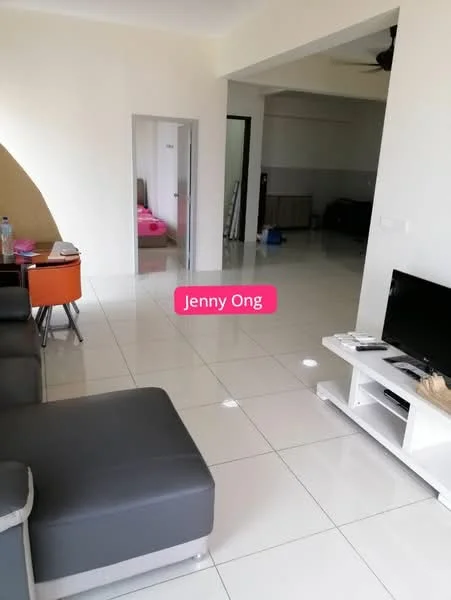 Living features: grey leather sectional sofa, white TV console, wall-mounted TV, ceramic tile flooring, ceiling fan, dining table with orange chairs, neutral painted walls, open layout to adjacent room; style: modern. Room features: doorway leading to bedroom, light-colored walls, visible flooring continuation.