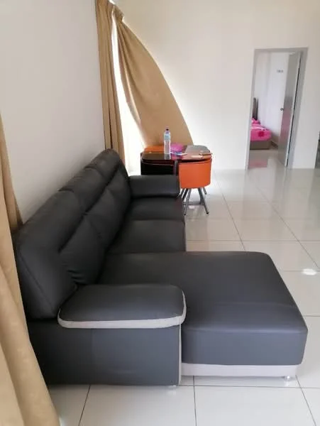 Living features: L-shape sectional sofa in grey, glass coffee table, orange accent chair, cream curtains, white walls, glossy tile flooring, natural light from window, minimalist decor; style: modern.