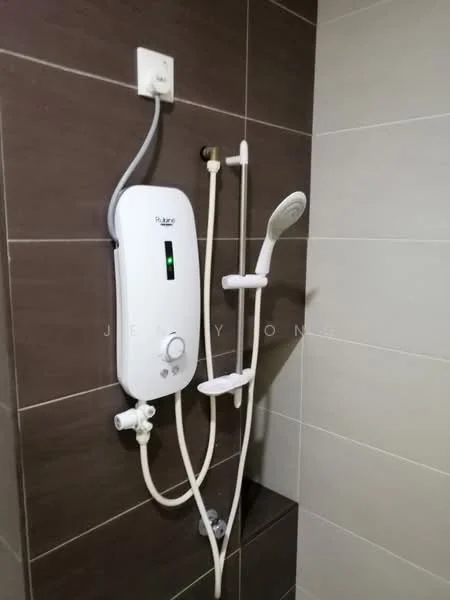 Bathroom features: white electric water heater, shower head, wall-mounted shower hose, brown tiled walls, light grey tiled walls; style: modern.