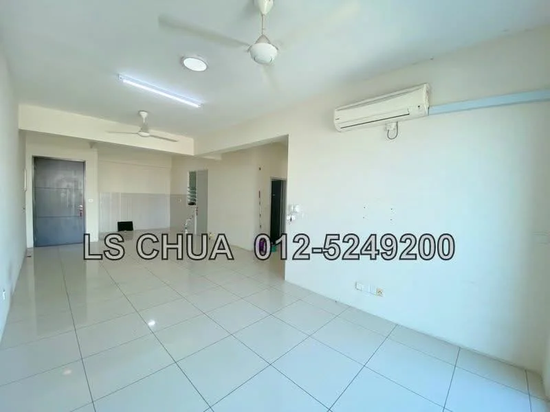 Room features: white painted walls, glossy ceramic tile flooring, ceiling fan, wall-mounted split AC, recessed downlights, large windows, open layout, neutral color scheme; style: modern.