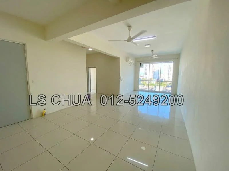 Living features: white painted walls, glossy ceramic tile flooring, 5-blade ceiling fan, floor-to-ceiling windows, sliding glass door, natural light, neutral color scheme, open layout; style: modern; view: city.