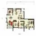 Floor plan: 3-bedroom 2-bathroom unit; features: open-plan kitchen-dining-living, master bedroom with ensuite bathroom, bedroom 2 with shared bathroom, balcony off living room, utility room, laundry area, central foyer, 2 car porch.