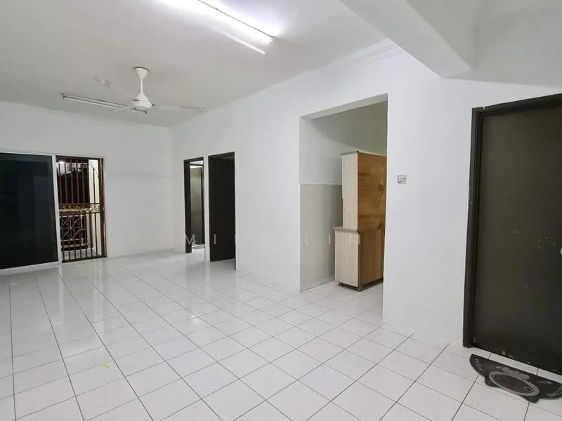 Room features: white painted walls, glossy white tile flooring, ceiling with fluorescent lights, 1 ceiling fan, open layout, doorway leading to another room, doorway leading to kitchen area, large windows for natural light; style: modern.