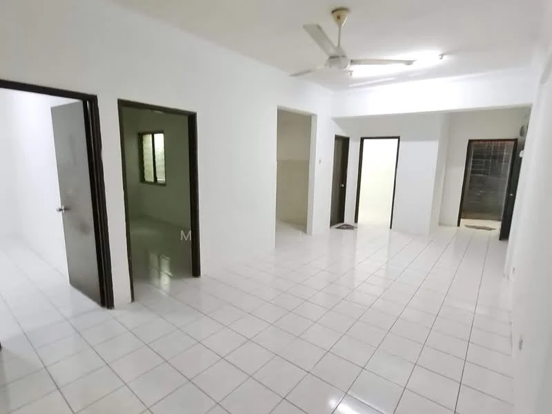Room features: white painted walls, white tiled flooring, ceiling fan, multiple doorways, windows with no visible treatments, neutral color scheme, open layout, bright lighting; style: modern.