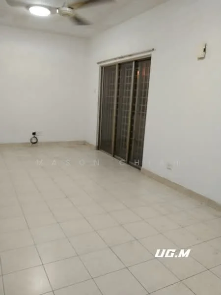 Room features: white painted walls, tile flooring, ceiling fan, sliding glass door, light fixture, empty space.
