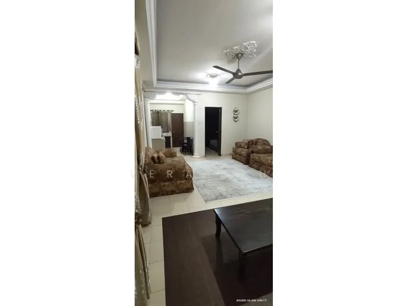 Living features: cream painted walls, white ceiling with crown moulding, 5-blade ceiling fan with light, area rug with geometric pattern, 2-seater fabric sofa in beige, 3-seater fabric sofa in beige, coffee table, wall-mounted TV, decorative wall art, curtains, tile flooring; style: modern.