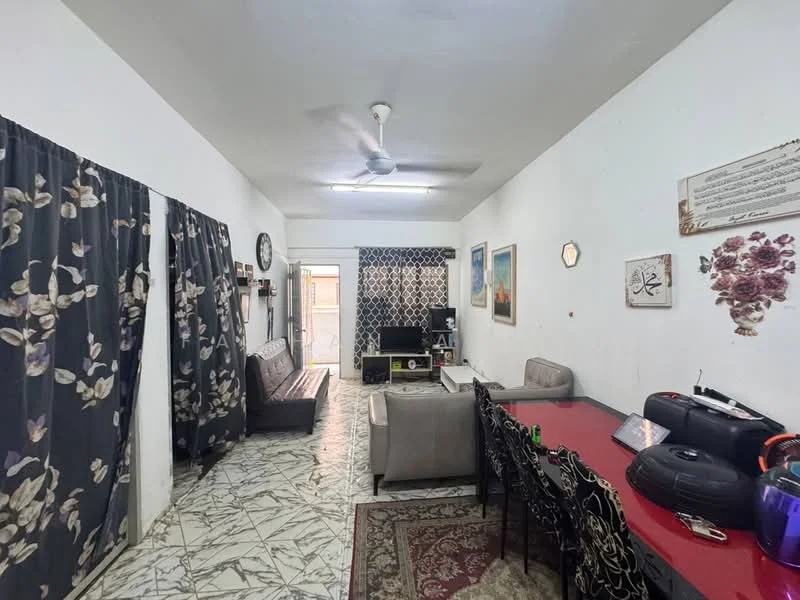 Living features: marble tile flooring, white painted walls, ceiling fan, 3-seater fabric sofa in grey, 2-seater leather sofa, dining table with chairs, wall-mounted TV, decorative wall art, black curtains with floral pattern, area rug with geometric pattern, TV console; style: contemporary.