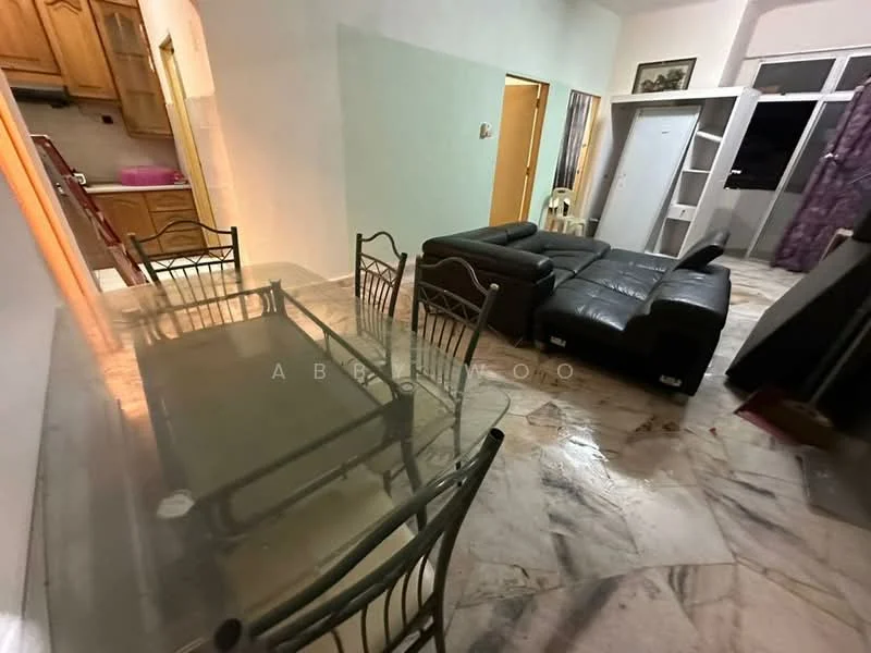Living features: marble flooring, grey leather sectional sofa, glass dining table with metal frame, 6 dining chairs, wall-mounted TV, built-in shelving unit, curtains, painted walls; style: modern.