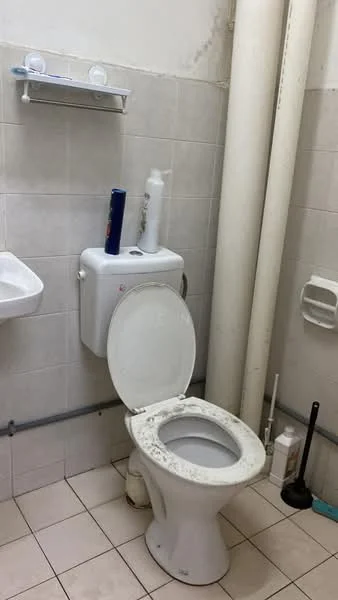 Bathroom features: white ceramic toilet, flush tank, wall-mounted sink, white tiled walls, light-colored floor tiles, toilet brush holder, toilet cleaning supplies, shelf above sink.