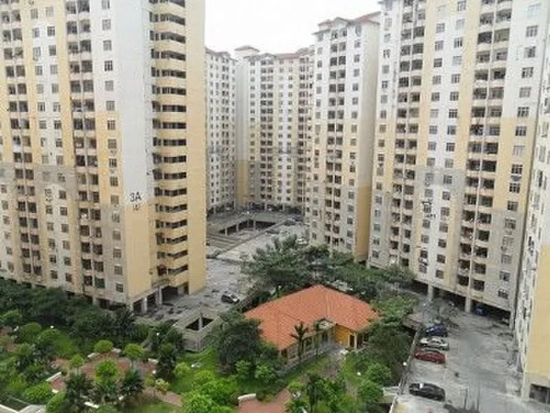 Exterior type: high-rise condominium; features: multiple high-rise buildings, yellow painted facade, landscaped garden area, central courtyard, parking area visible, surrounding greenery, gated community, balconies on upper floors; style: modern.