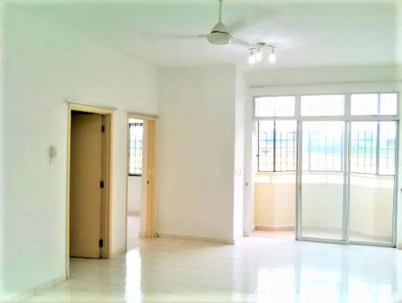 Room features: white painted walls, glossy tile flooring, ceiling fan, recessed downlights, large windows with grid pattern, sliding glass door, doorway leading to another room, doorway leading to hallway; style: modern.