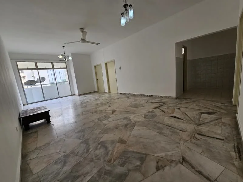 Living features: marble flooring, white painted walls, 5-blade ceiling fan, recessed downlights, large sliding glass door, floor-to-ceiling windows, balcony access, decorative light fixtures; style: minimalist; view: city. Room features: tile flooring, white painted walls, doorway leading to another room.