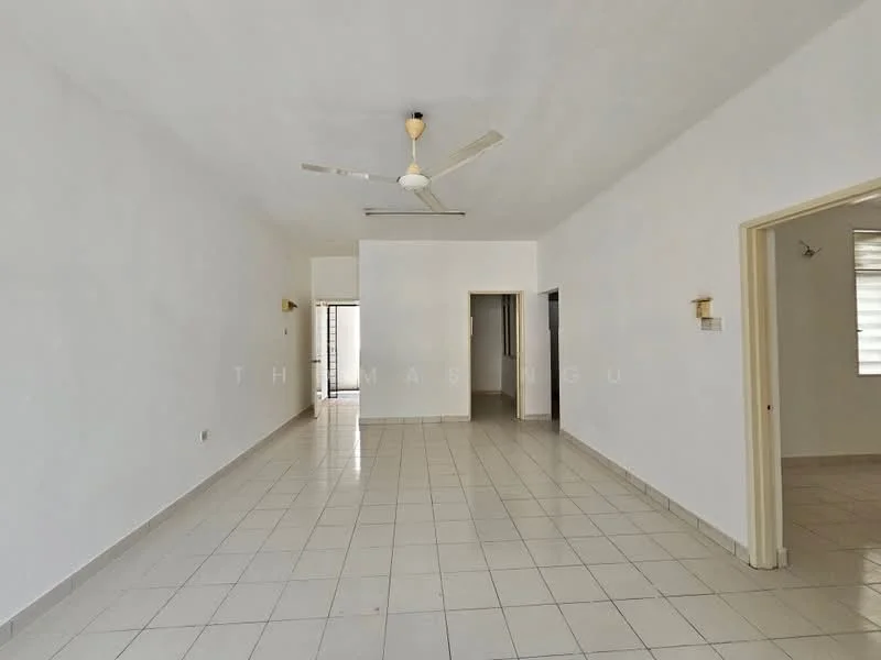 Living features: white painted walls, ceramic tile flooring, ceiling fan, large windows, neutral color scheme, open layout, doorway to other rooms, natural light.