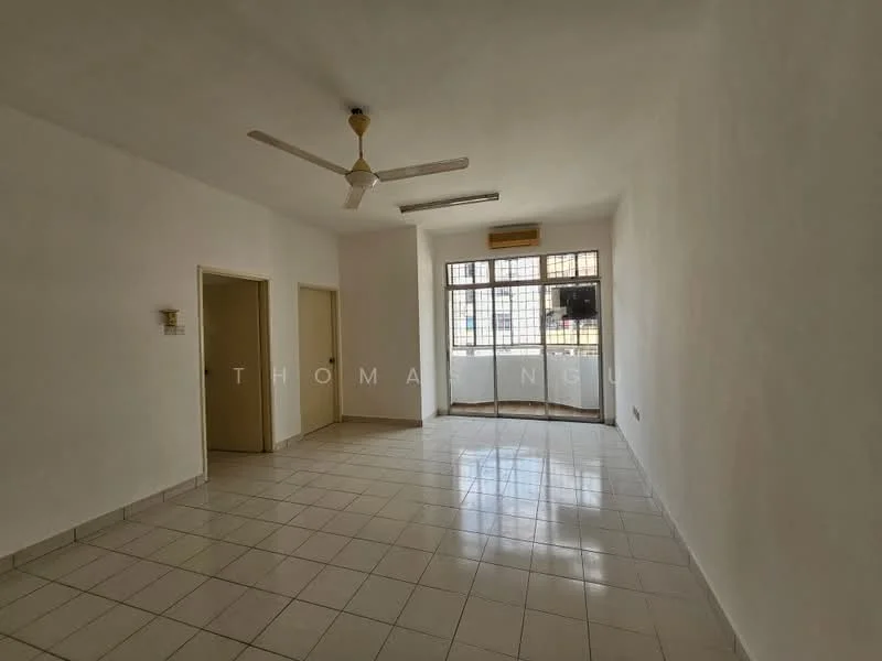 Living features: white painted walls, tile flooring, 5-blade ceiling fan, floor-to-ceiling windows, sliding glass door, window air conditioning unit, natural light from windows, neutral decor.