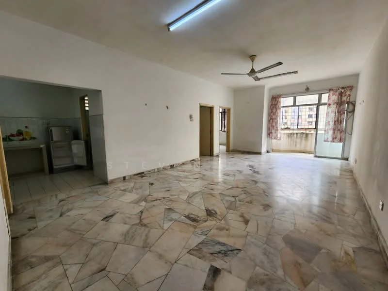 Room features: white painted walls, marble flooring, ceiling fan, large windows with sheer curtains, natural light from windows, open layout, neutral color scheme, no visible furniture; style: minimalist.